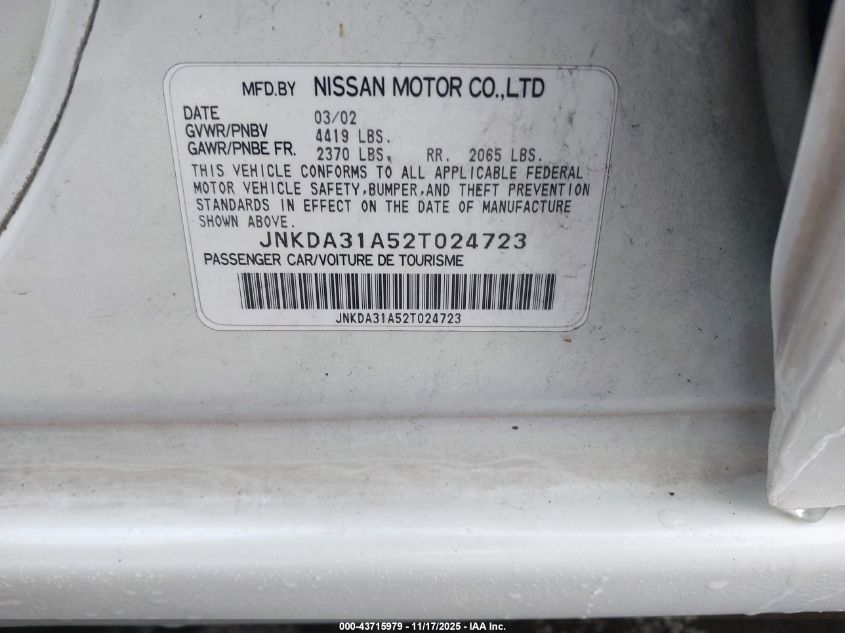 2002 Infiniti I35 Luxury VIN: JNKDA31A52T024723 Lot: 43715979