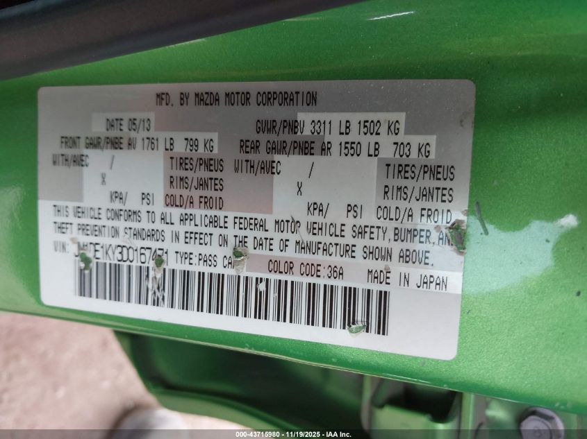 2013 Mazda Mazda2 Sport VIN: JM1DE1KY3D0167471 Lot: 43715980