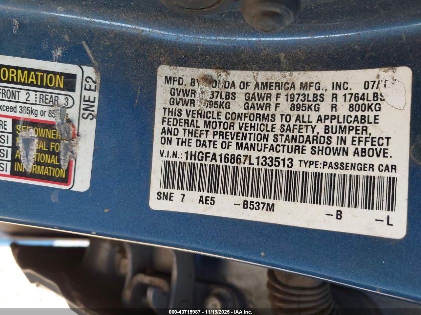 2007 Honda Civic Ex VIN: 1HGFA16867L133513 Lot: 43715987