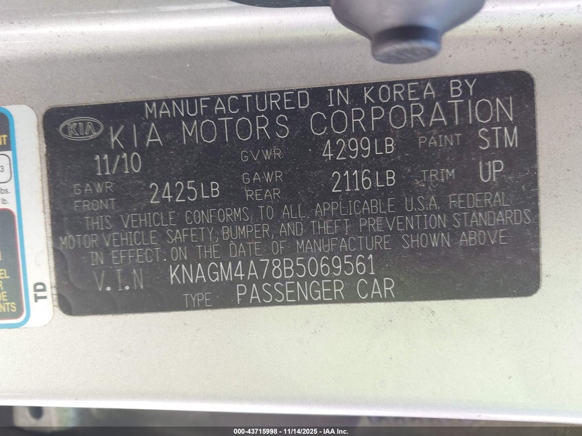 KNAGM4A78B5069561 2011 KIA OPTIMA photo no. 9