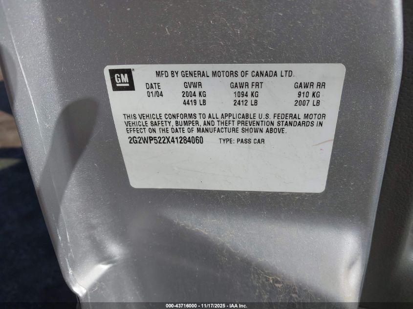 2004 Pontiac Grand Prix Gt1 VIN: 2G2WP522X41284060 Lot: 43716000