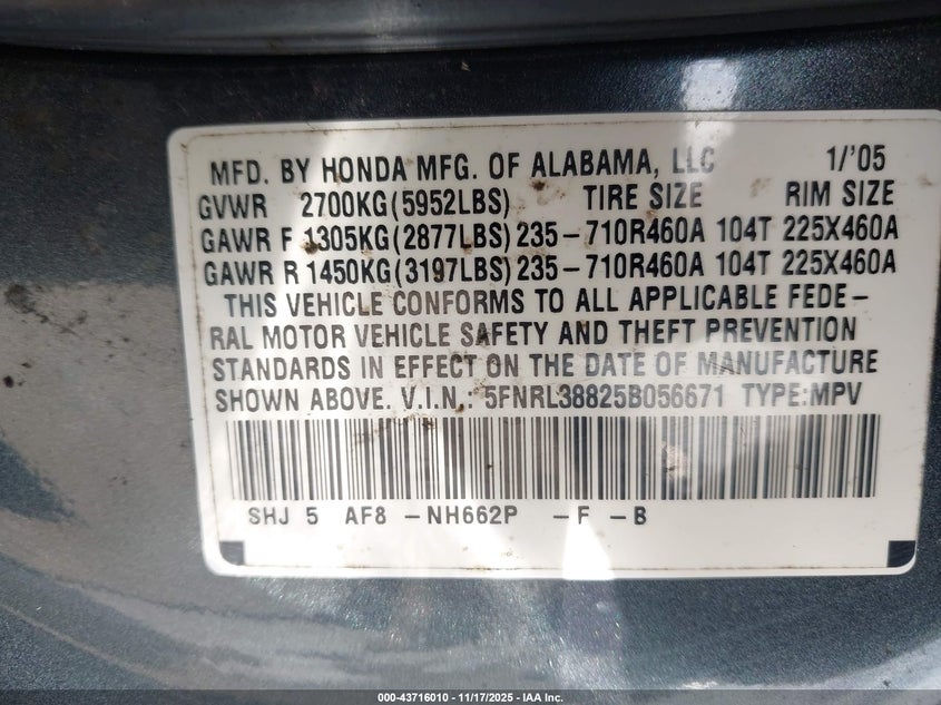 2005 Honda Odyssey Touring VIN: 5FNRL38825B056671 Lot: 43716010