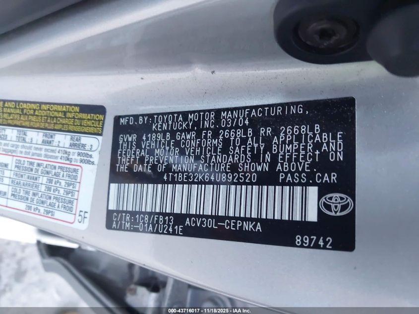 2004 Toyota Camry Le VIN: 4T1BE32K64U892520 Lot: 43716017