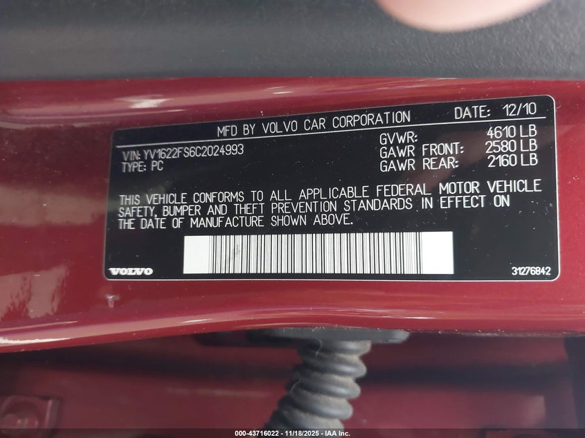 2012 Volvo S60 T5 VIN: YV1622FS6C2024993 Lot: 43716022