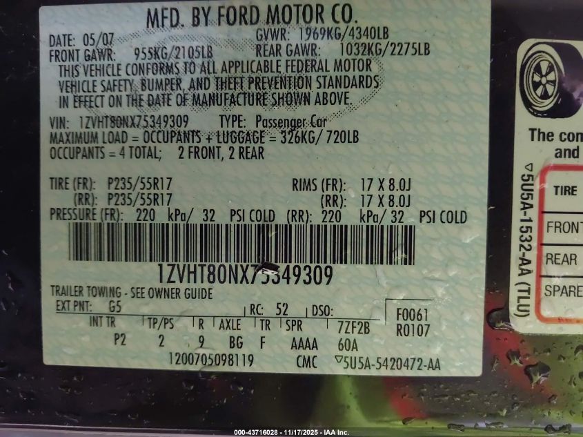 2007 Ford Mustang V6 Deluxe/V6 Premium VIN: 1ZVHT80NX75349309 Lot: 43716028