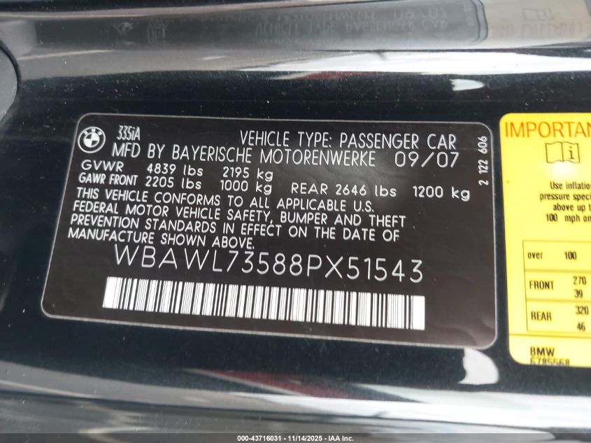 2008 BMW 335I VIN: WBAWL73588PX51543 Lot: 43716031