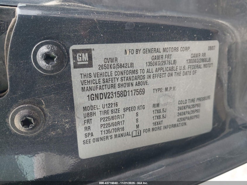 2008 Chevrolet Uplander Ls VIN: 1GNDV23158D117569 Lot: 43716040