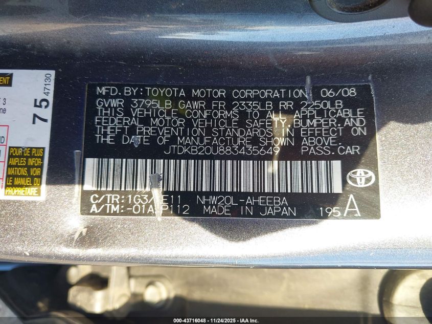 2008 Toyota Prius VIN: JTDKB20U883435649 Lot: 43716048