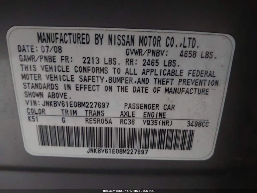 2008 Infiniti G35 Journey VIN: JNKBV61E08M227697 Lot: 43716064