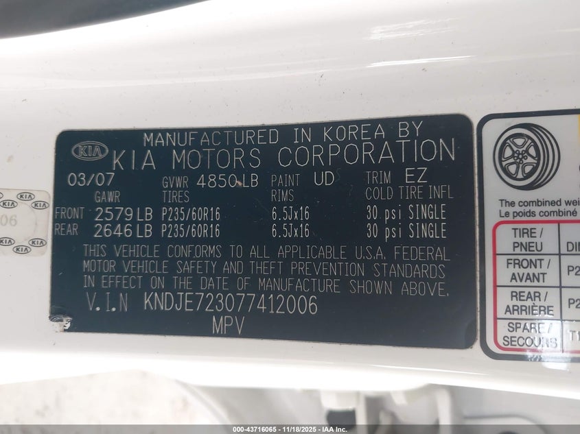 2007 Kia Sportage Lx V6 VIN: KNDJE723077412006 Lot: 43716065