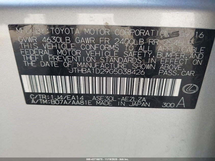 2016 Lexus Is 200T VIN: JTHBA1D29G5038426 Lot: 43716075