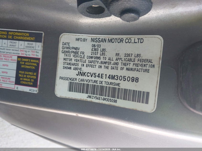 2004 Infiniti G35 VIN: JNKCV54E14M305098 Lot: 43716076