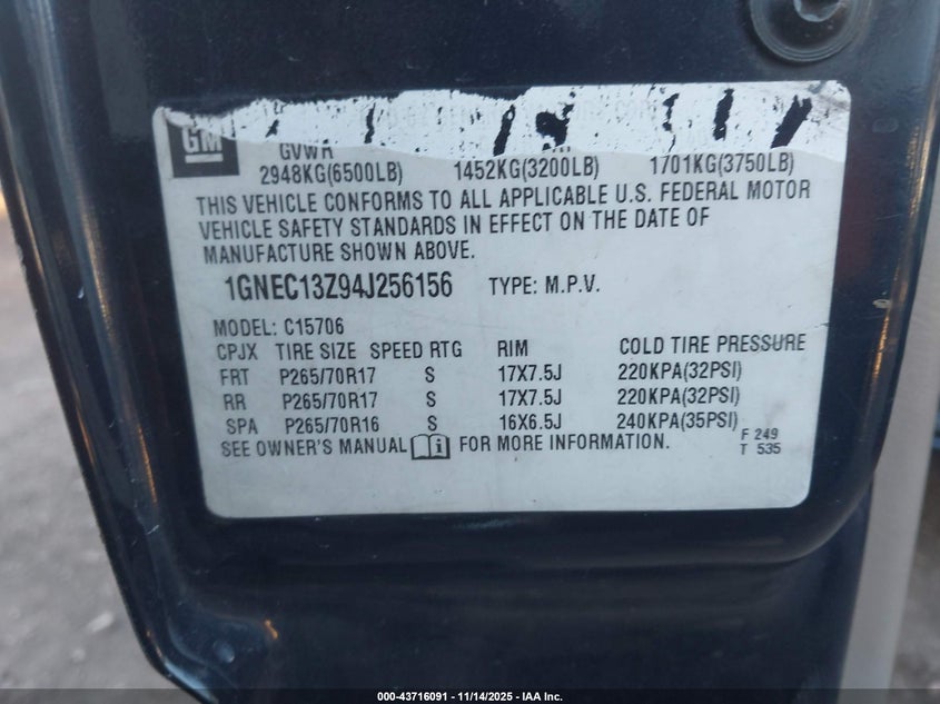 2004 Chevrolet Tahoe Ls VIN: 1GNEC13Z94J256156 Lot: 43716091