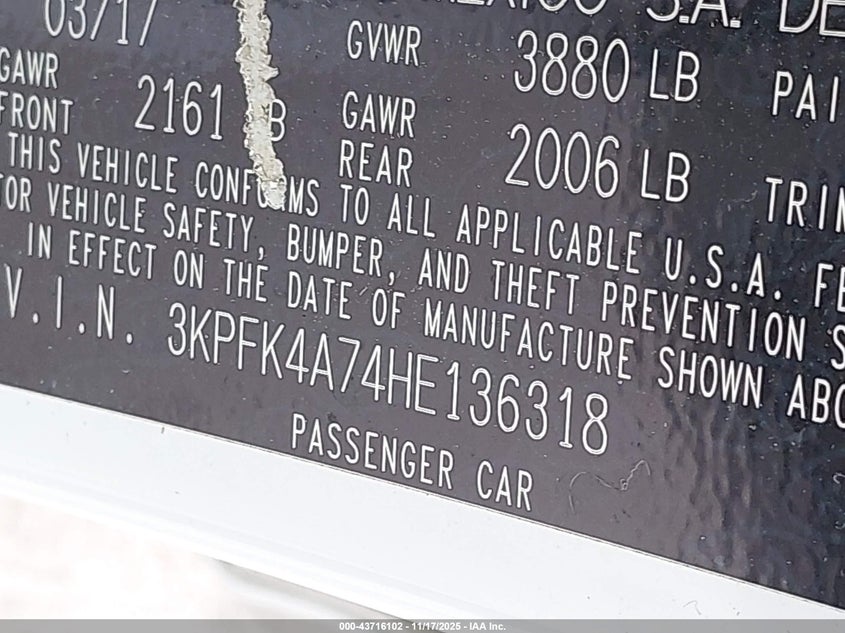 2017 Kia Forte Lx VIN: 3KPFK4A74HE136318 Lot: 43716102