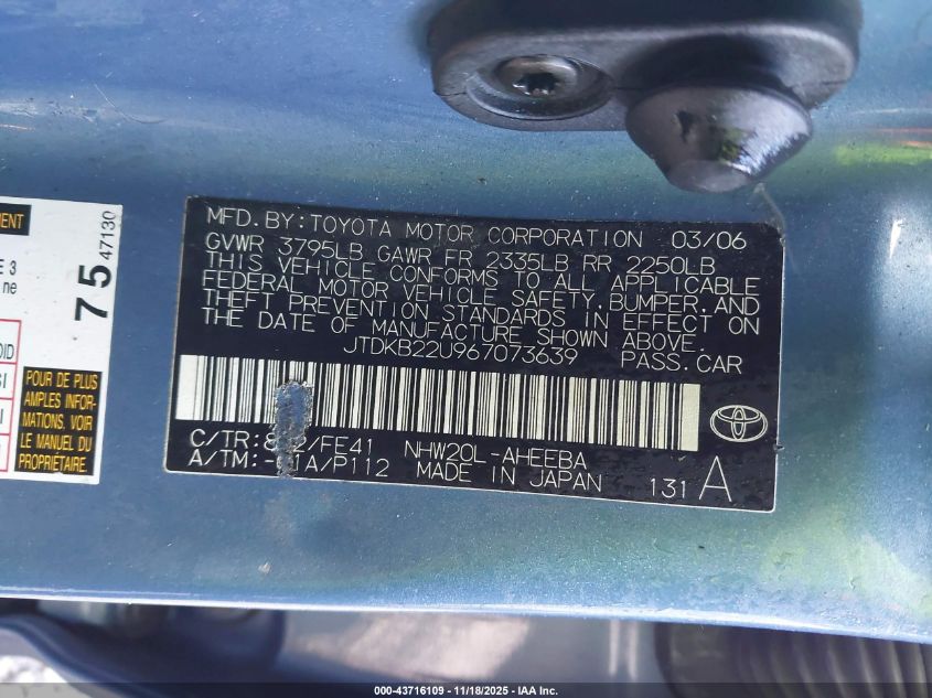 2006 Toyota Prius VIN: JTDKB22U967073639 Lot: 43716109