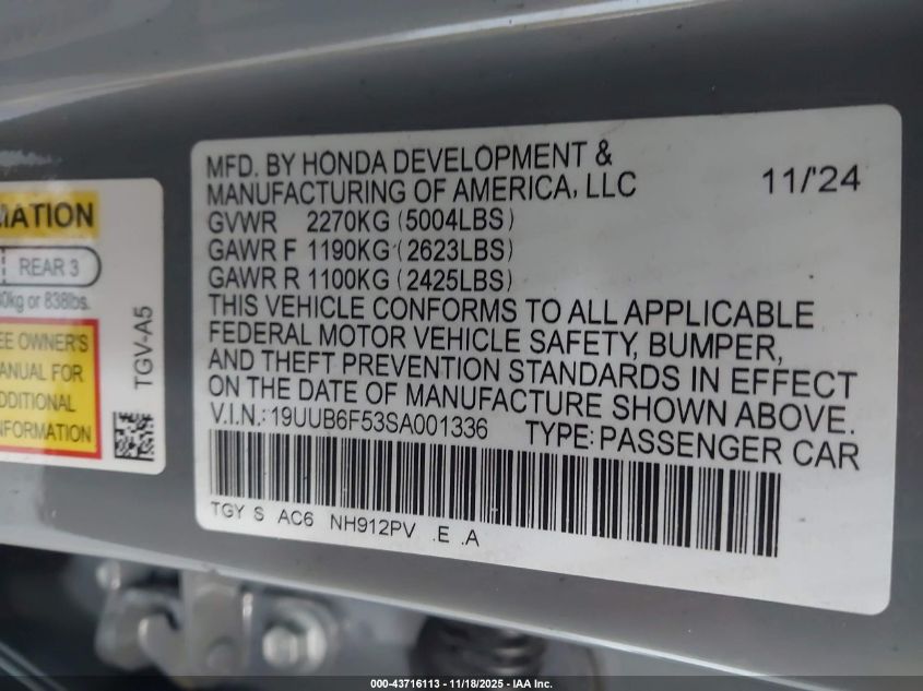 2025 Acura Tlx A-Spec Package VIN: 19UUB6F53SA001336 Lot: 43716113
