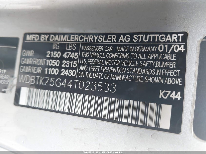 2004 Mercedes-Benz Clk 500 VIN: WDBTK75G44T023533 Lot: 43716116