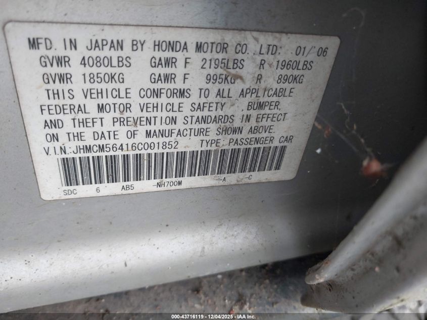 2006 Honda Accord 2.4 Lx VIN: JHMCM56416C001852 Lot: 43716119