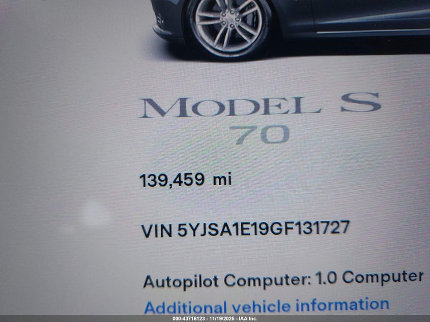 2016 Tesla Model S 60/70/75/85 VIN: 5YJSA1E19GF131727 Lot: 43716123