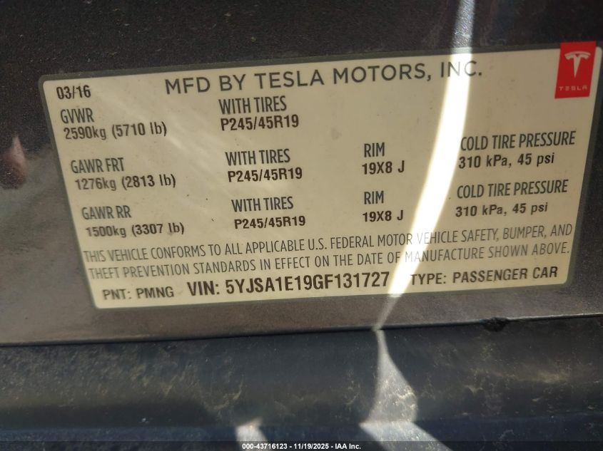 2016 Tesla Model S 60/70/75/85 VIN: 5YJSA1E19GF131727 Lot: 43716123