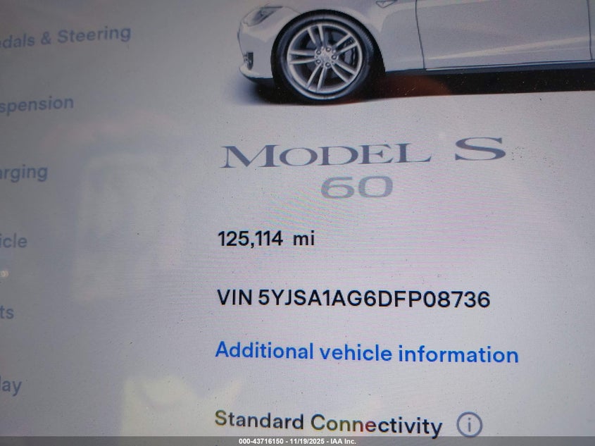 2013 Tesla Model S VIN: 5YJSA1AG6DFP08736 Lot: 43716150