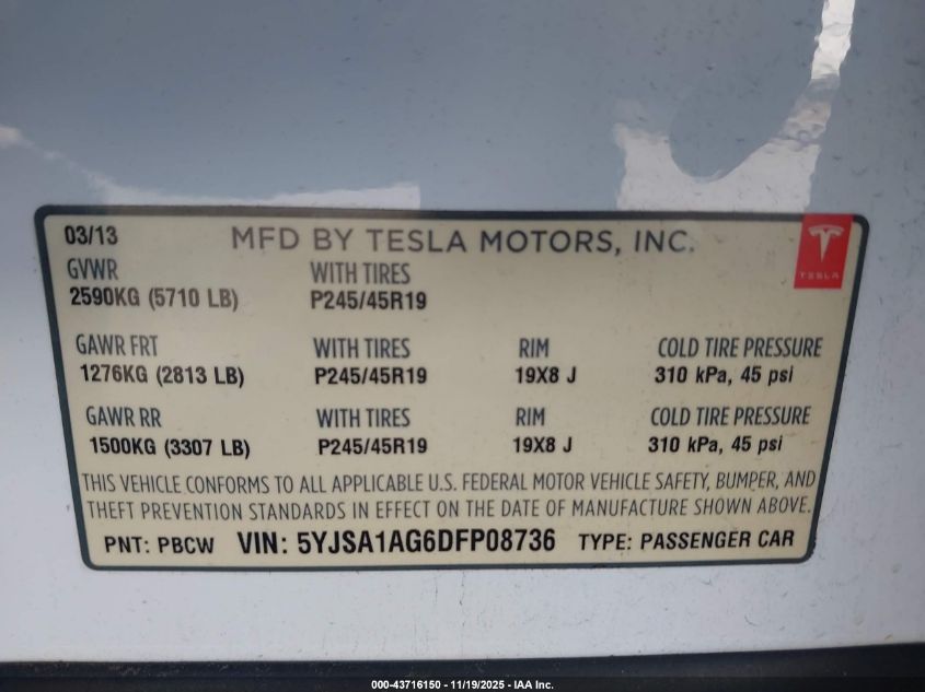 2013 Tesla Model S VIN: 5YJSA1AG6DFP08736 Lot: 43716150