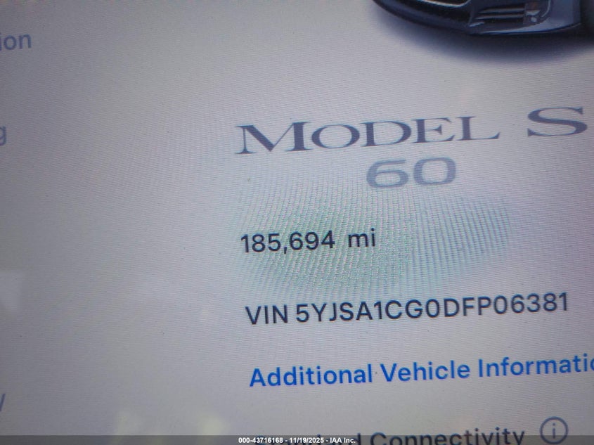 2013 Tesla Model S VIN: 5YJSA1CG0DFP06381 Lot: 43716168