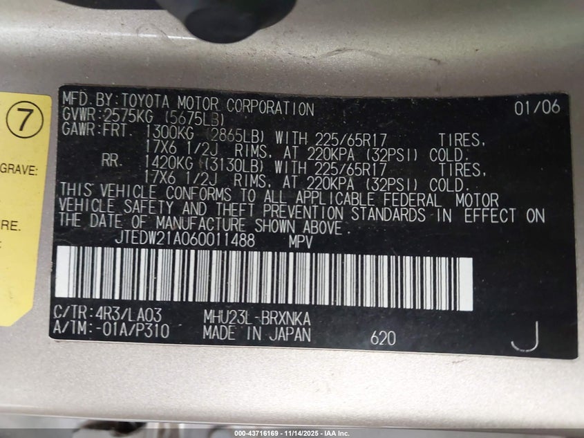 2006 Toyota Highlander Hybrid Limited V6 VIN: JTEDW21A060011488 Lot: 43716169
