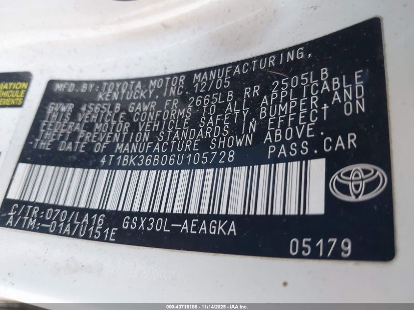 2006 Toyota Avalon Xls VIN: 4T1BK36B06U105728 Lot: 43716186