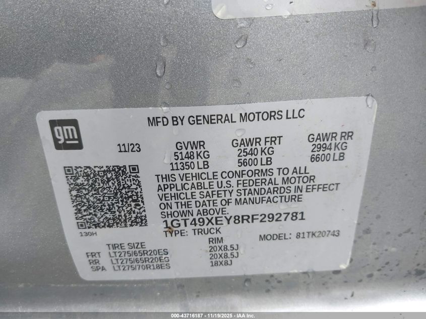 2024 GMC Sierra 2500Hd 4Wd Standard Bed Denali Ultimate VIN: 1GT49XEY8RF292781 Lot: 43716187