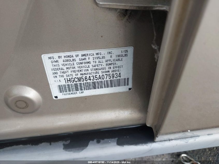 2005 Honda Accord 2.4 Lx VIN: 1HGCM56435A075934 Lot: 43716190