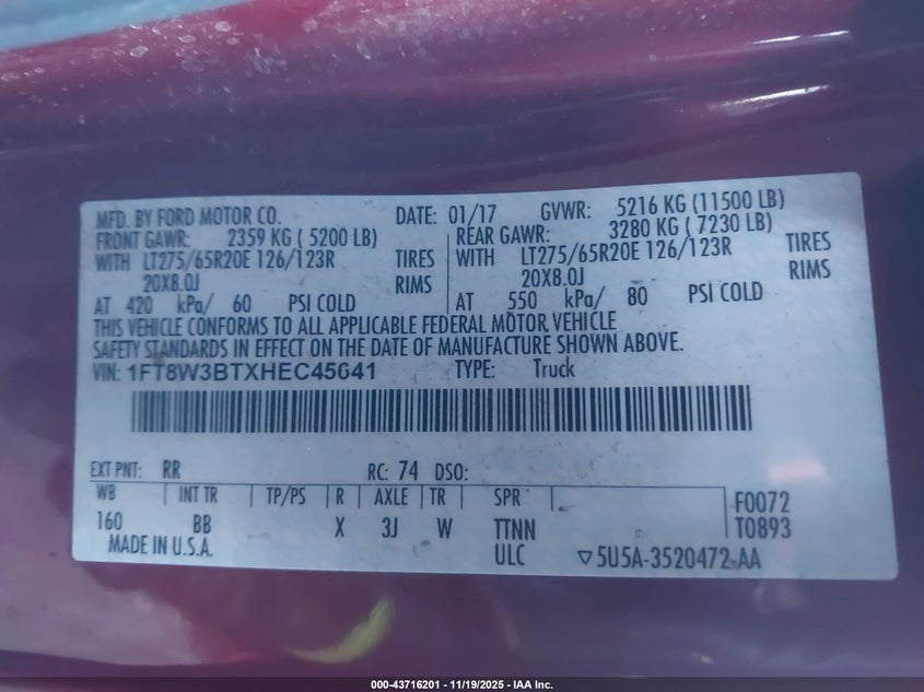 2017 Ford F-350 Platinum VIN: 1FT8W3BTXHEC45641 Lot: 43716201