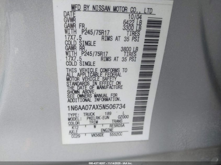 2005 Nissan Titan Xe VIN: 1N6AA07AX5N506734 Lot: 43716207