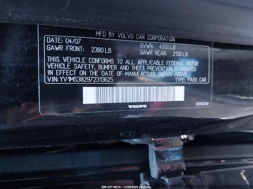 2007 Volvo S40 2.4I VIN: YV1MS382972313625 Lot: 43716214