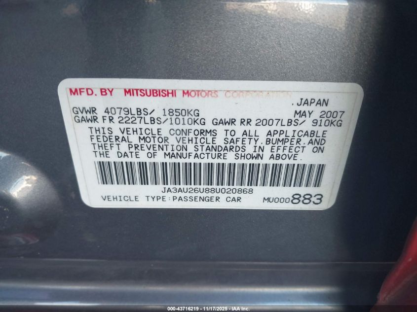 2008 Mitsubishi Lancer De/Es VIN: JA3AU26U88U020868 Lot: 43716219