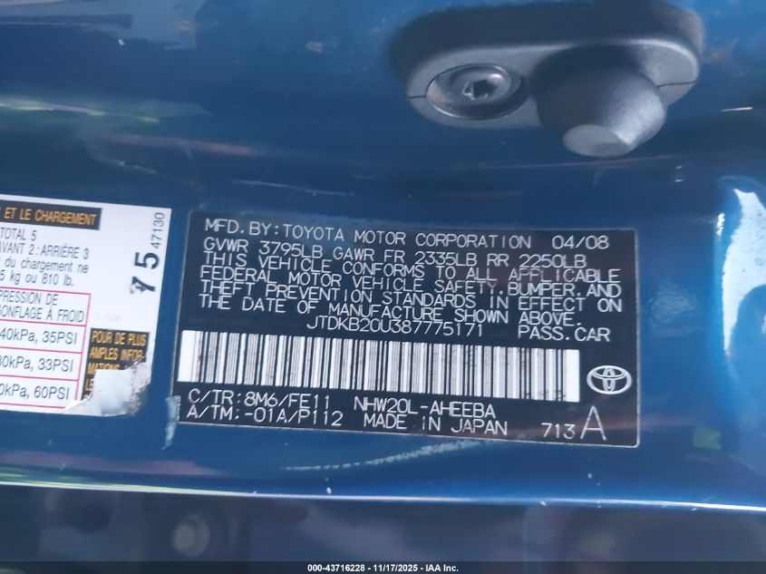 2008 Toyota Prius VIN: JTDKB20U387775171 Lot: 43716228