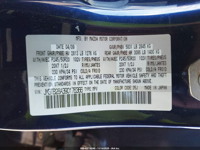 2009 Mazda Cx-9 Grand Touring VIN: JM3TB28A390176366 Lot: 43716240