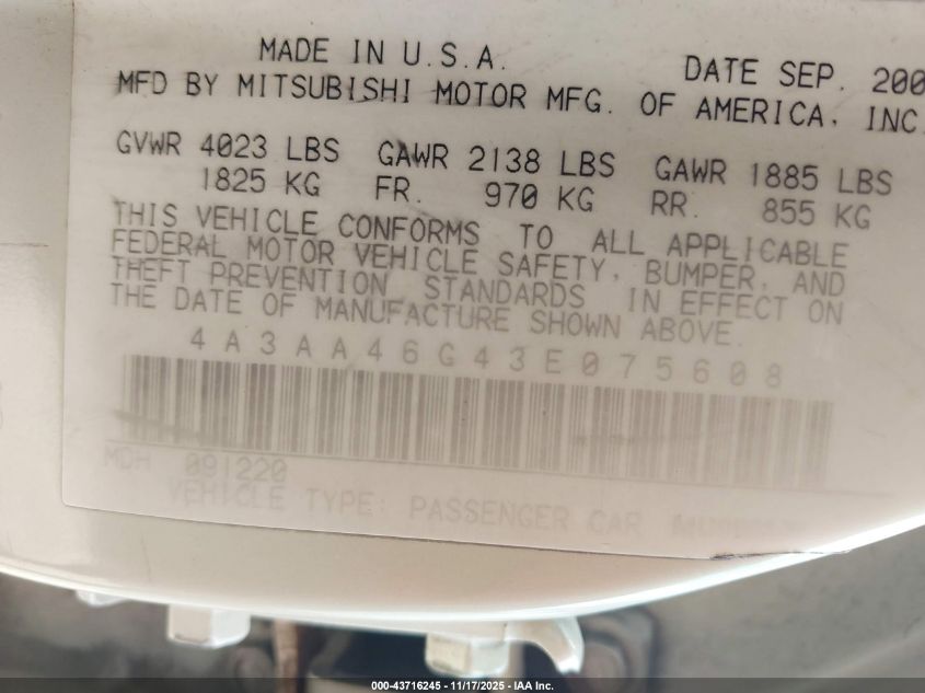 2003 Mitsubishi Galant Es/Ls VIN: 4A3AA46G43E075608 Lot: 43716245