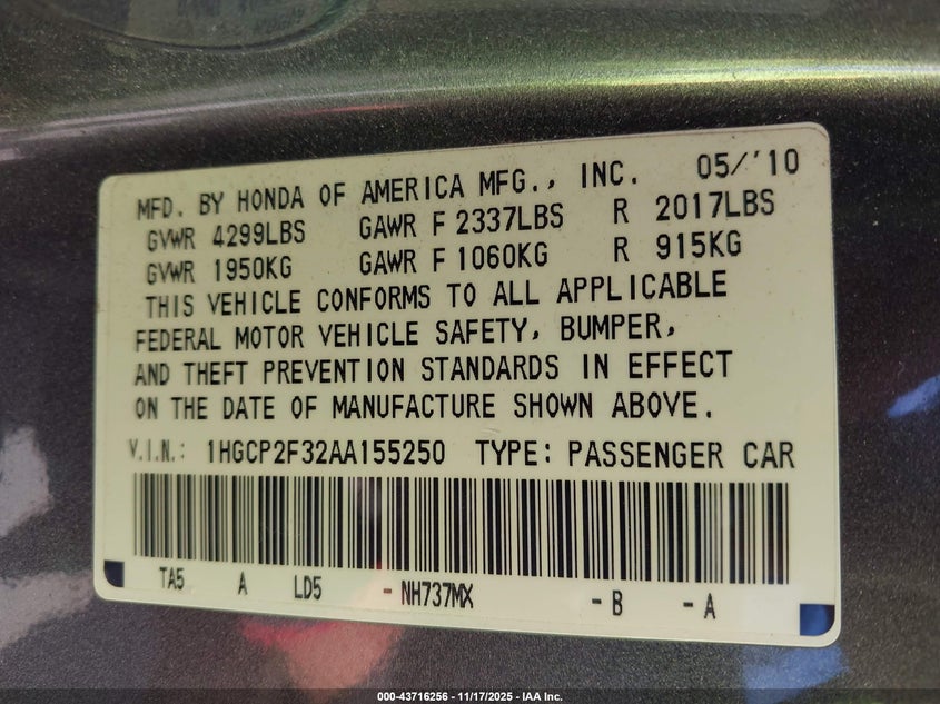 1HGCP2F32AA155250 2010 HONDA ACCORD photo no. 9