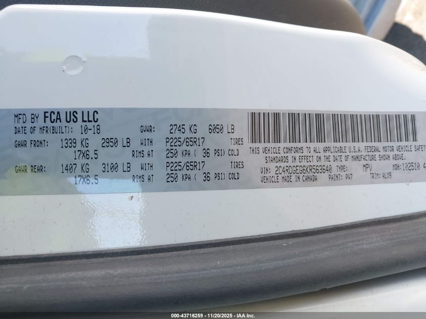 2019 Dodge Grand Caravan Gt VIN: 2C4RDGEG6KR563640 Lot: 43716259