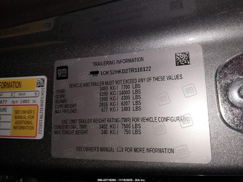 2026 GMC Yukon Xl VIN: 1GKS2HKD2TR118122 Lot: 43716260