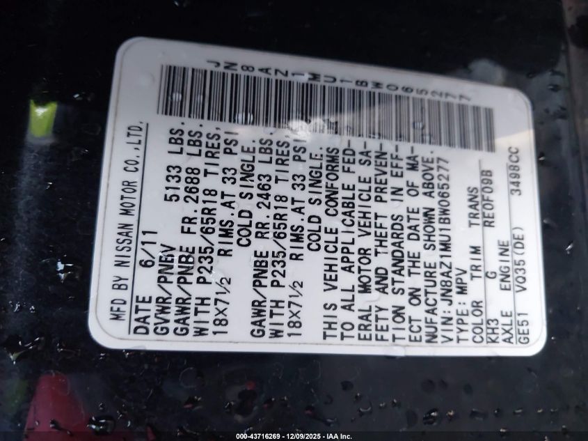 2011 Nissan Murano S VIN: JN8AZ1MU1BW065277 Lot: 43716269