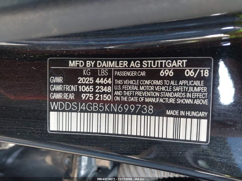 2019 Mercedes-Benz Cla 250 4Matic VIN: WDDSJ4GB5KN699738 Lot: 43716271