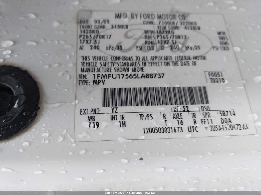 2005 Ford Expedition Eddie Bauer/King Ranch VIN: 1FMFU17565LA88737 Lot: 43716276
