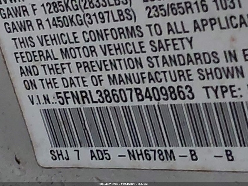 2007 Honda Odyssey Ex-L VIN: 5FNRL38607B409863 Lot: 43716280