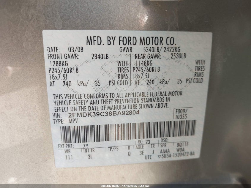 2FMDK39C38BA92804 2008 FORD EDGE photo no. 9