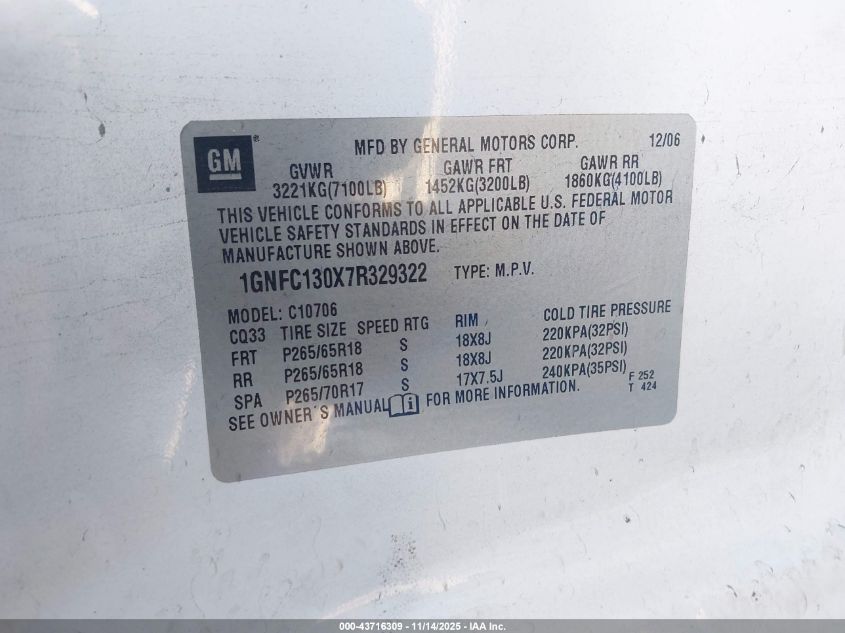 2007 Chevrolet Tahoe Lt VIN: 1GNFC130X7R329322 Lot: 43716309