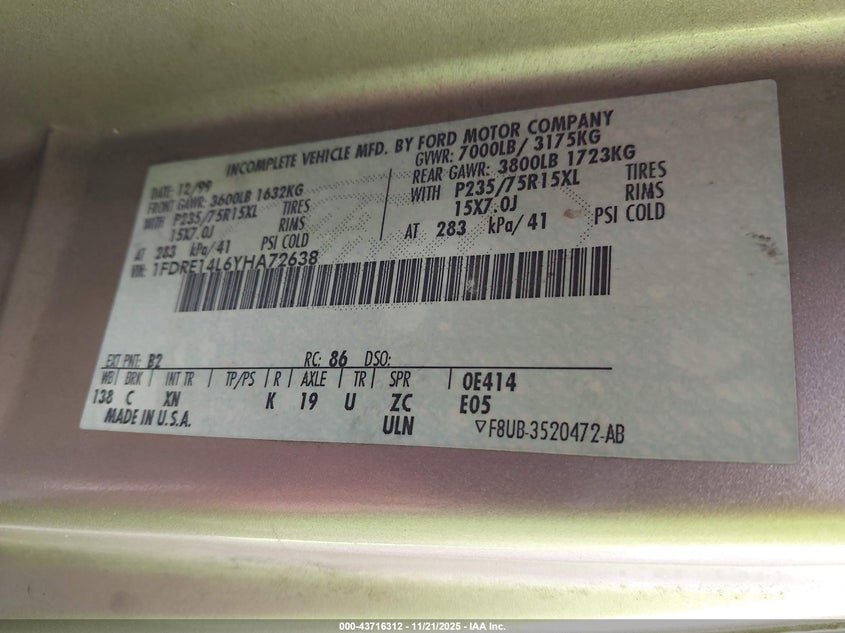 2000 Ford E-150 Recreational VIN: 1FDRE14L6YHA72638 Lot: 43716312