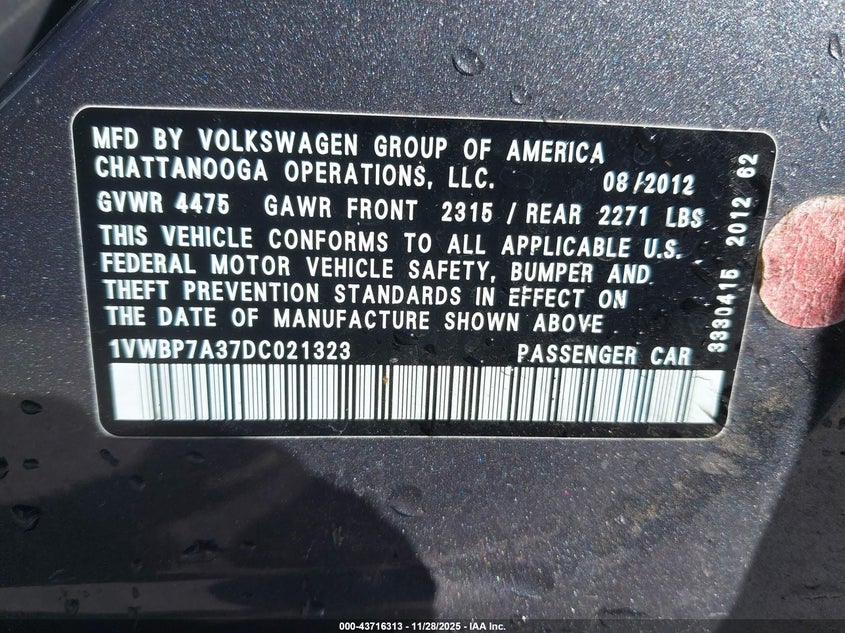 2013 Volkswagen Passat 2.5L Se VIN: 1VWBP7A37DC021323 Lot: 43716313