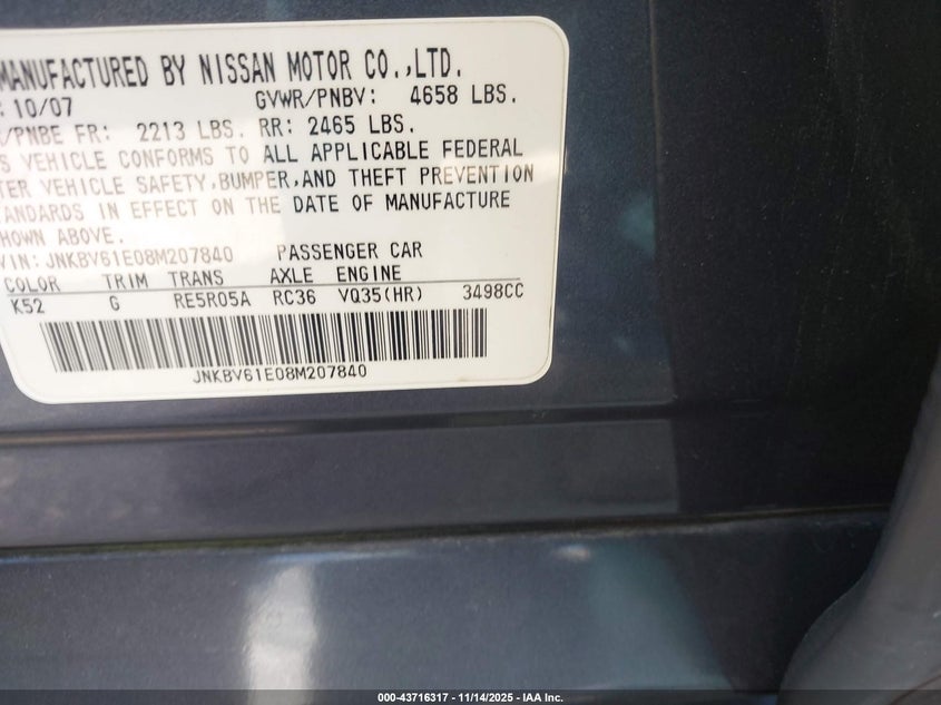 2008 Infiniti G35 Journey VIN: JNKBV61E08M207840 Lot: 43716317